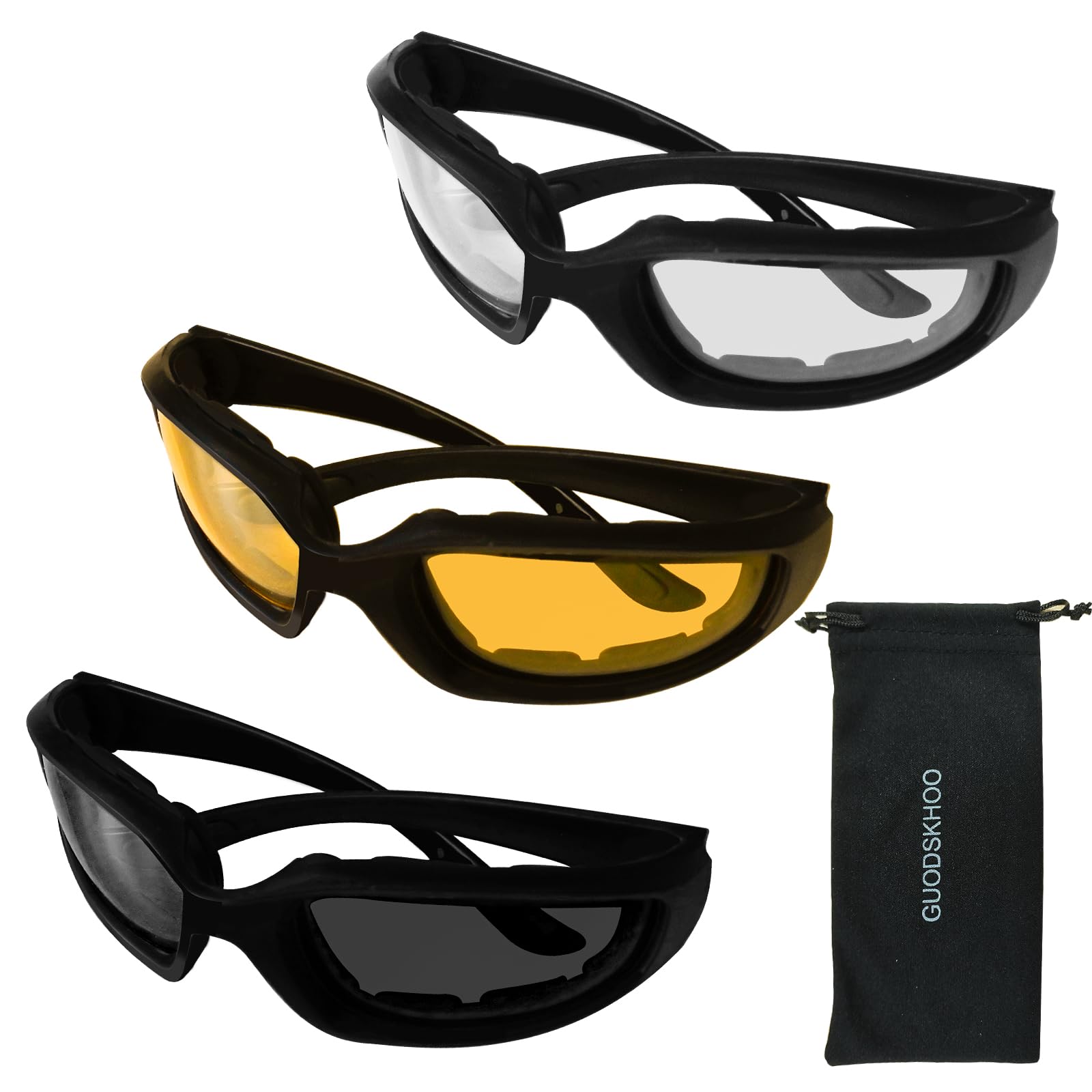 GUODSKHOO 3Pcs Driving Motorcycle Riding Glasses Anti-Dust Windproof UV